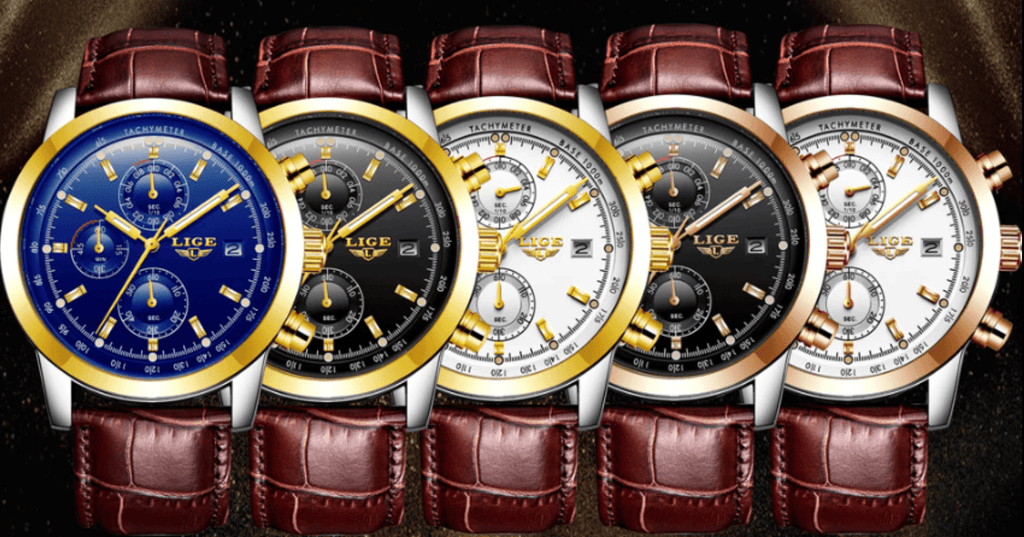 Waterproof Men's Quartz Watch with Chronometers and Brown Strap
