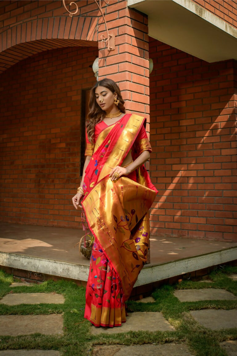 Gajri Red Paithani Silk Saree with Zari Woven Detailing