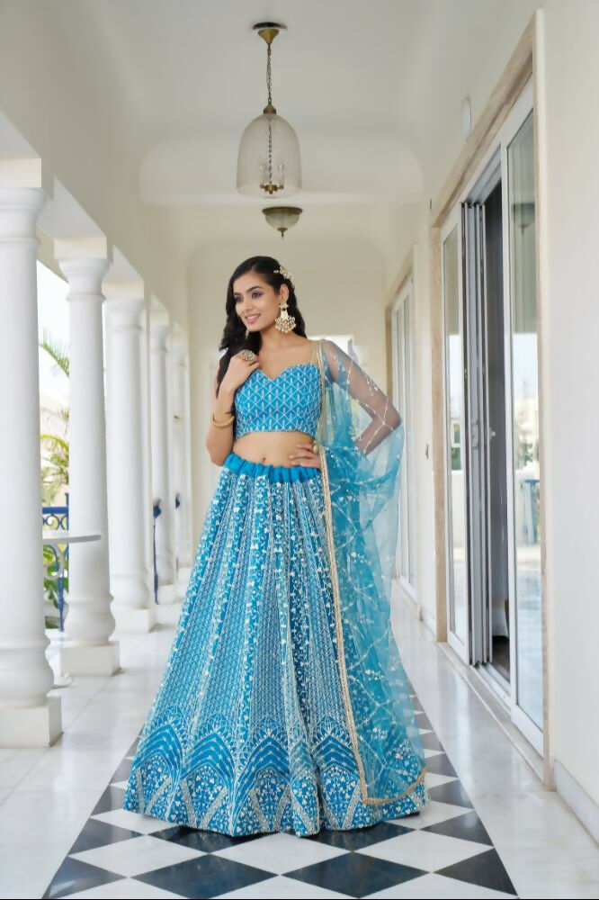 Sky Blue Butterfly Net Lehenga with Cotton Thread and Sequence Work