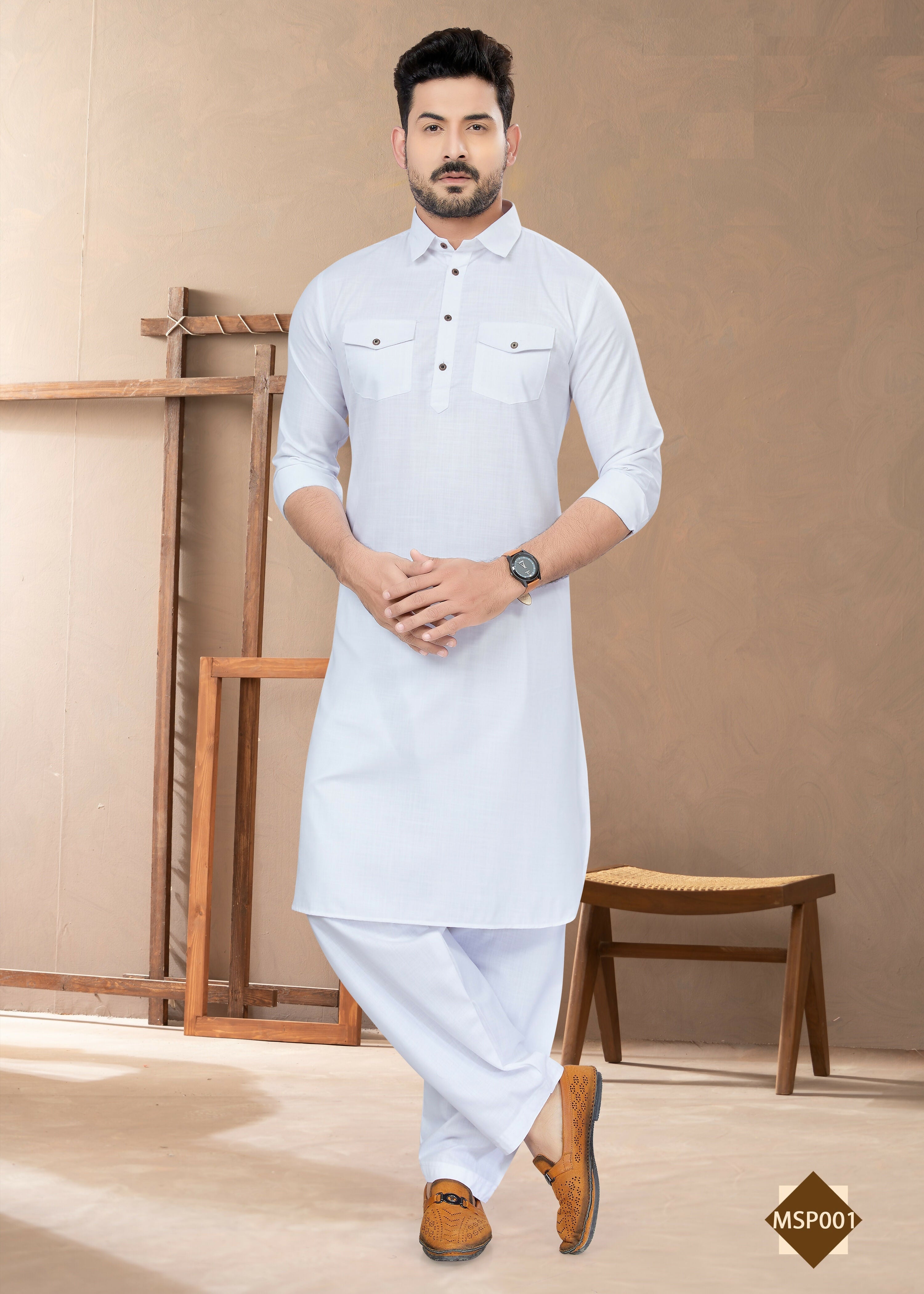 A classic plain white heavy cotton kurta pyjama set with a collar neck for boys.