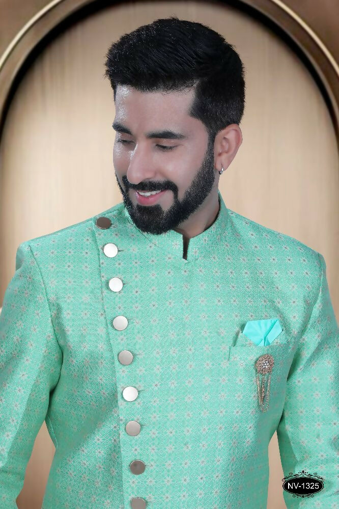 Bluish-Green Brocade Indo-Western Kurta Set for Boys