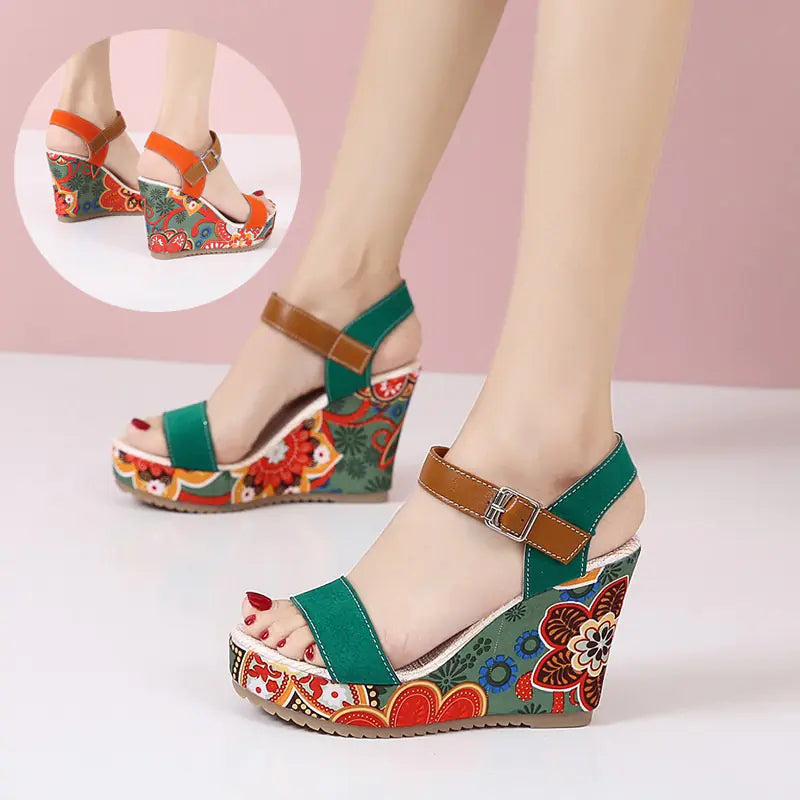 Embroidered High Wedge Platform Sandals for Women
