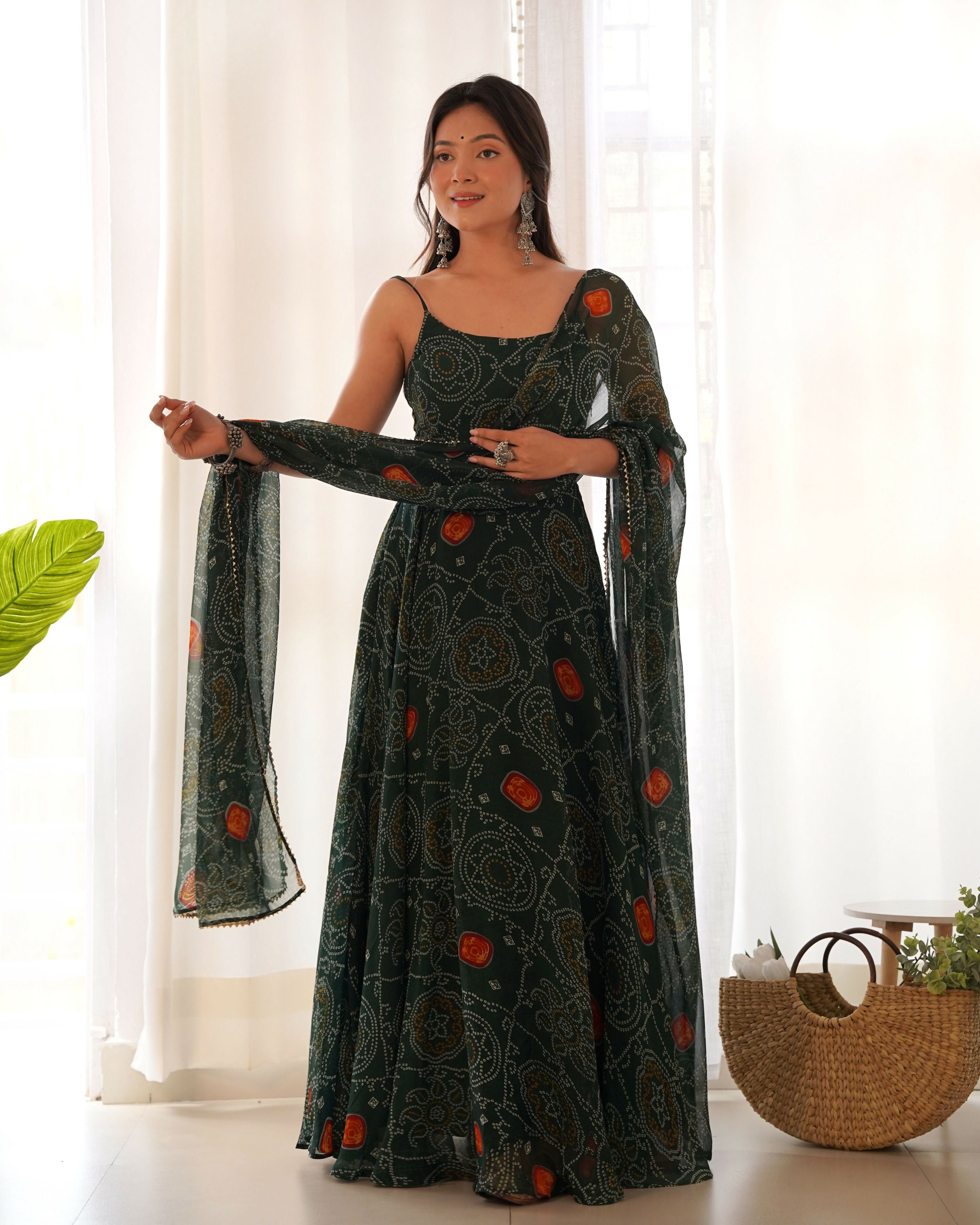 Bottle Green Chiffon Kurta with Sequin Embroidery Work