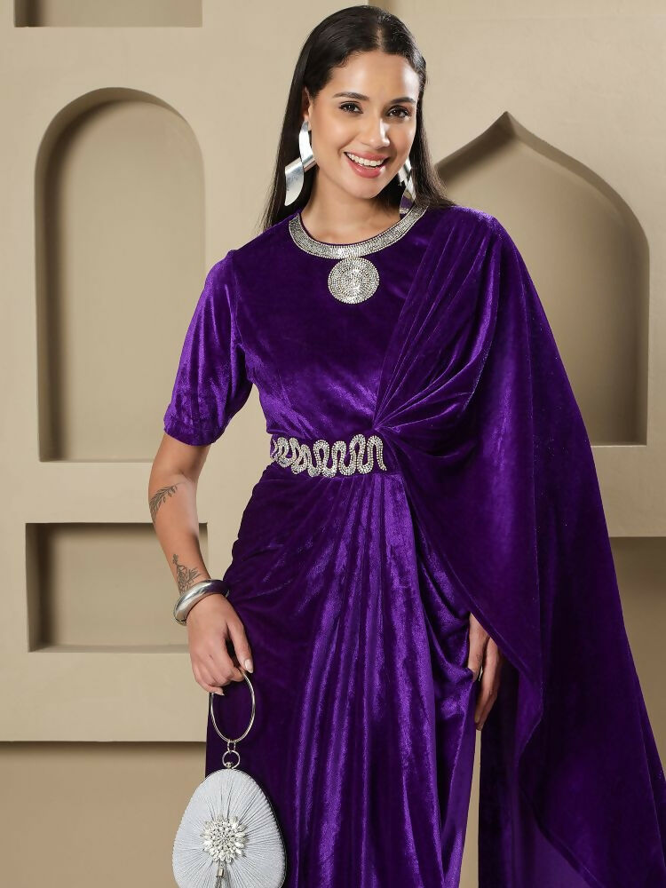 Women Purple Velvet Stitched Dress with Hand Embellishment