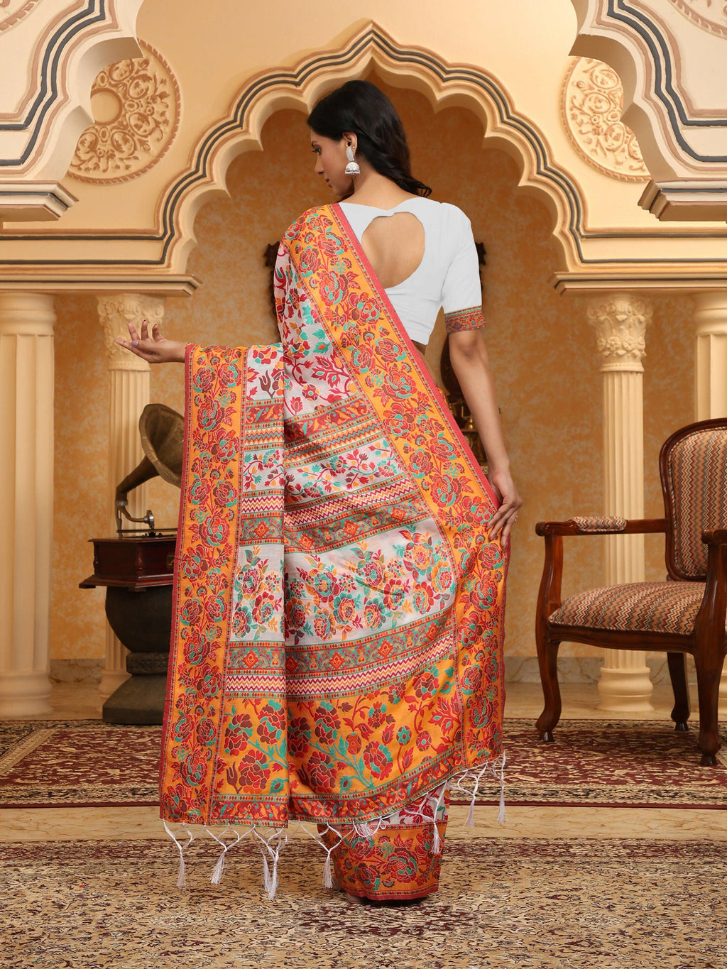 Multicolour Linen Cotton Woven Saree with Matching Blouse Piece