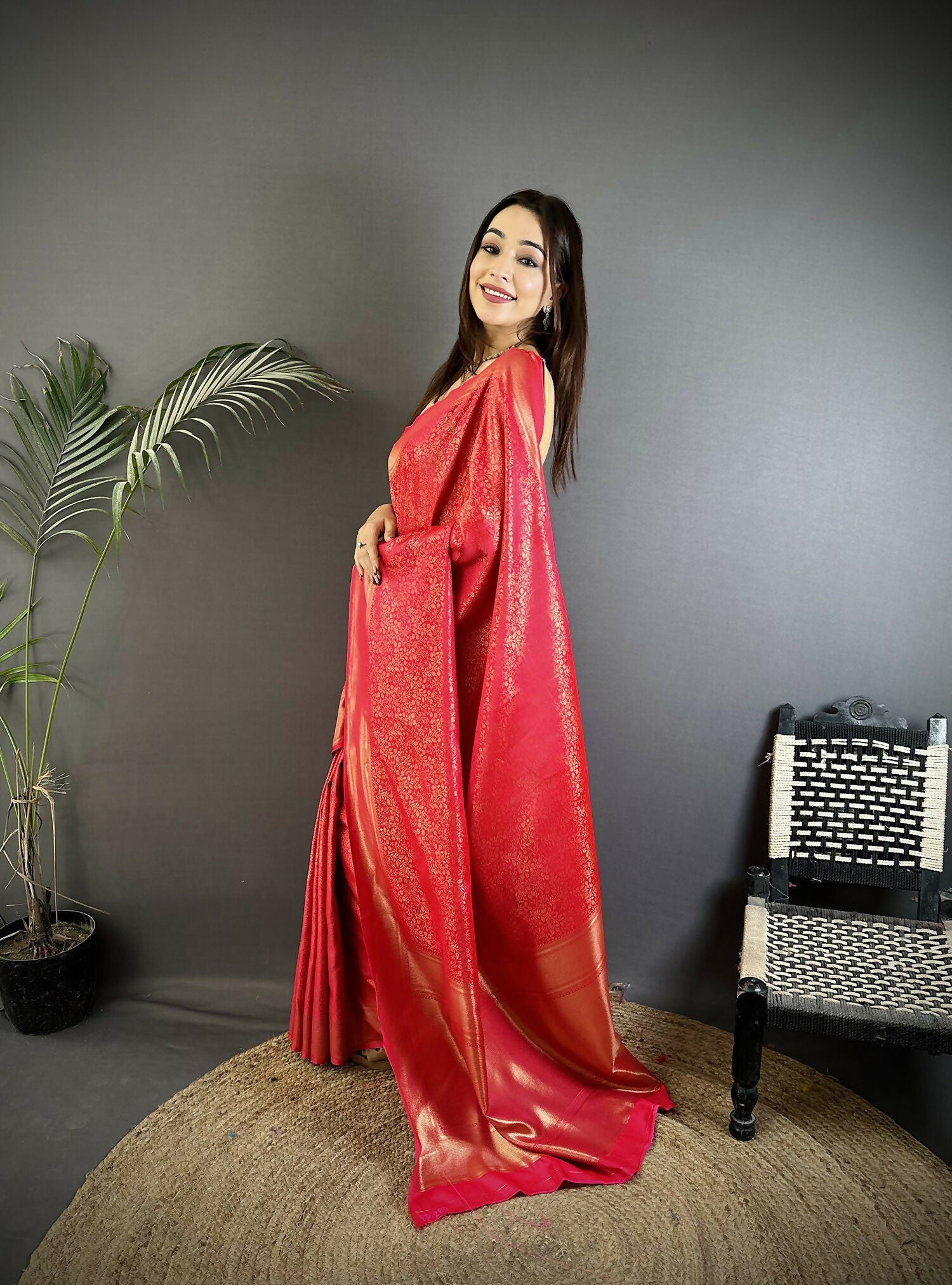 Ruby Pink Floral Motifs Soft Satin Silk Kanchipuram Saree
