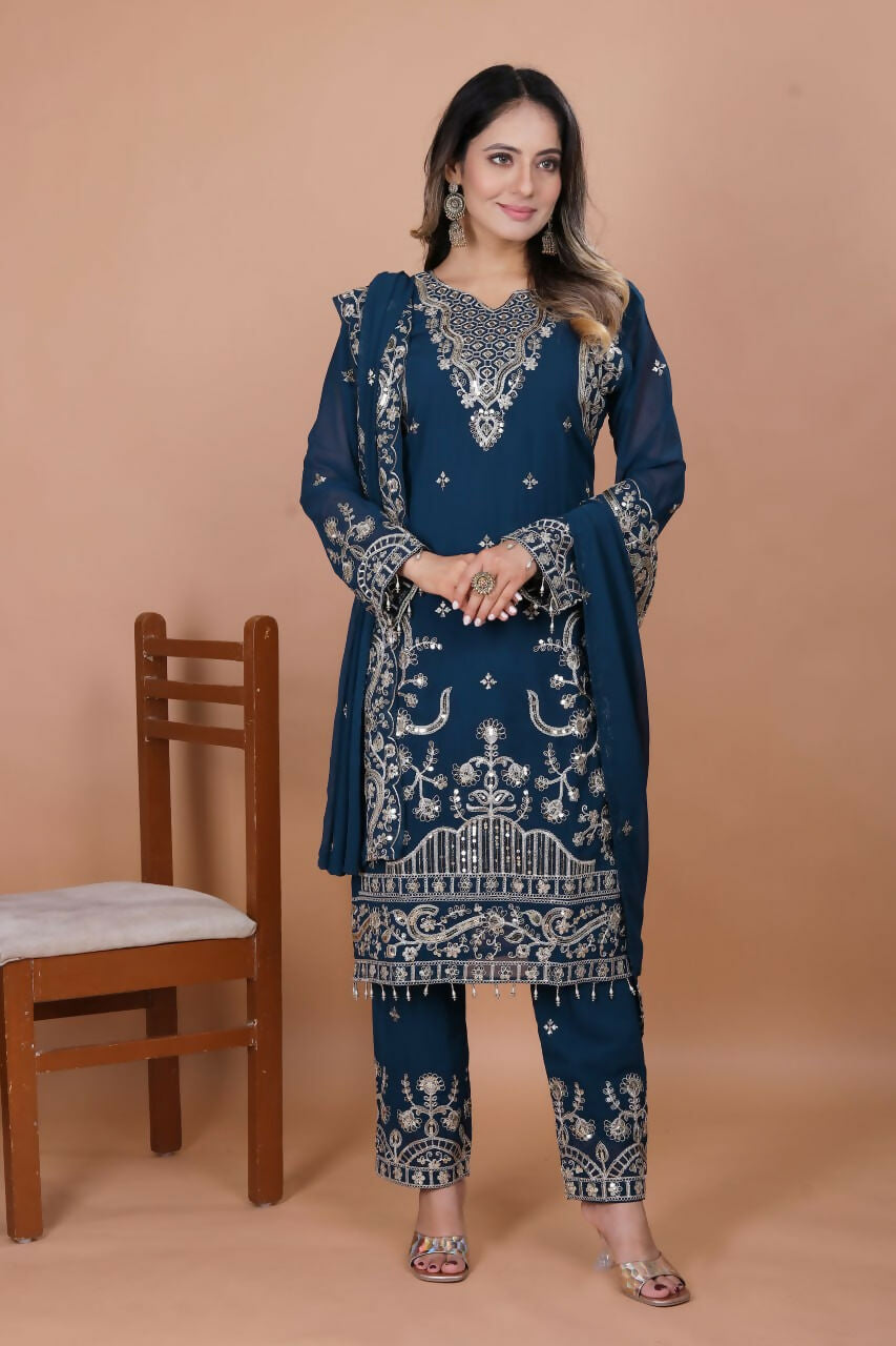 Blue Georgette Embroidered Kurti Set for Festive Occasions