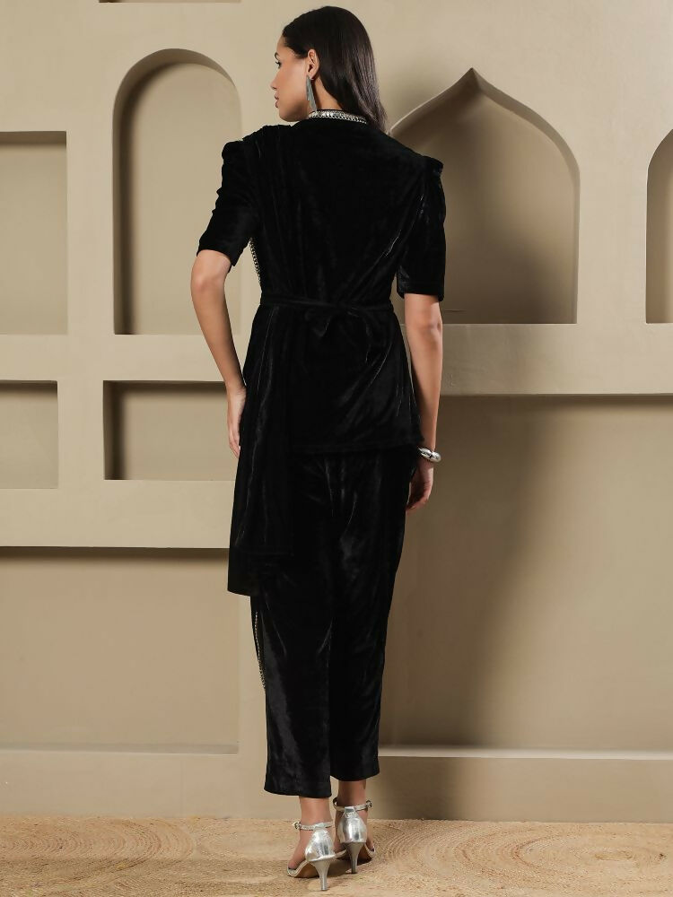 Black Velvet Hand Embellished Long Kurta Set