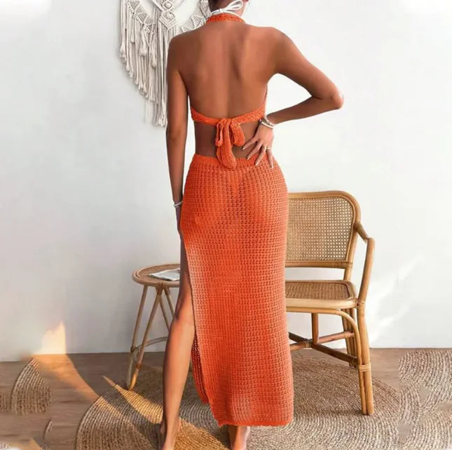 Women's Crochet Halter Maxi Beach Cover Up Dress with Side Slit - Image 5