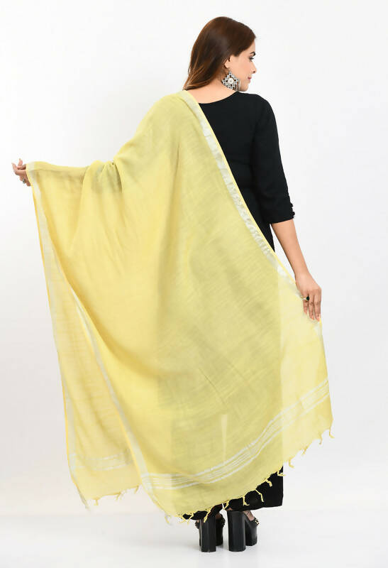 Lemon Yellow Linen Cotton Dupatta with Elegant Silver Border