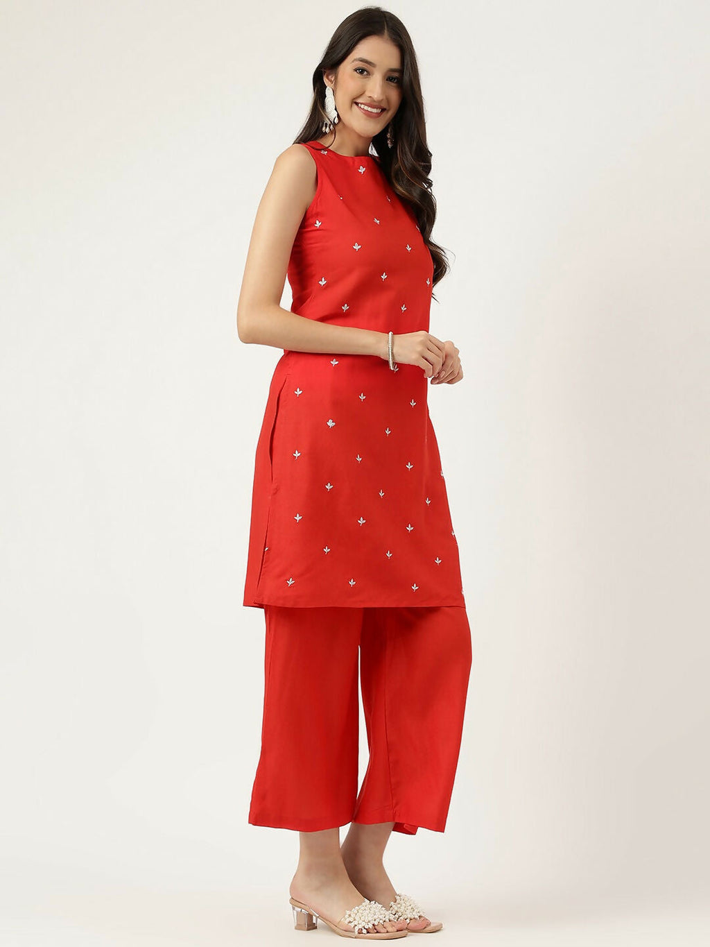 Red Rayon Embroidered Straight Kurta and Bottom Set