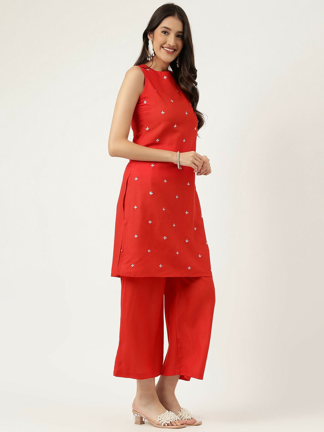 Red Rayon Embroidered Straight Kurta and Bottom Set