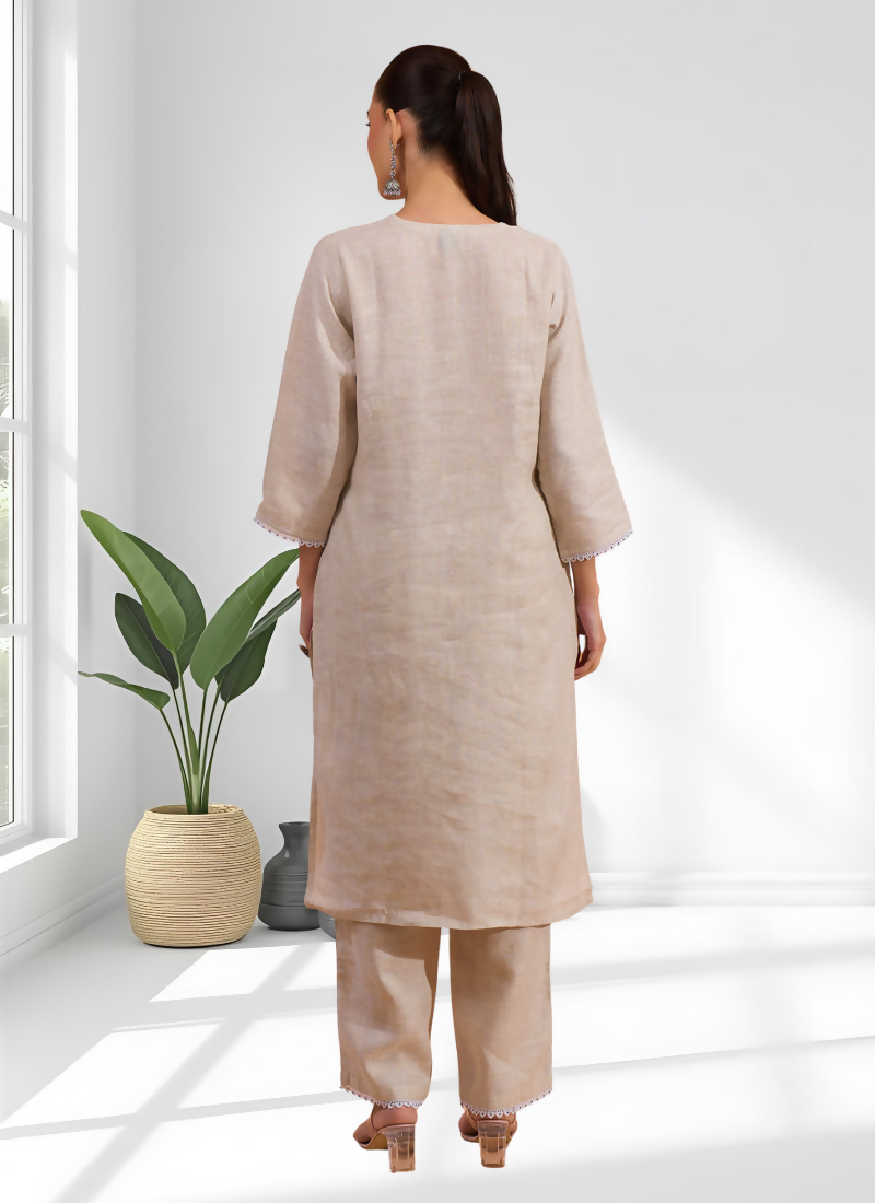 Beige Linen Embroidered Long Kurta with Matching Pant Set