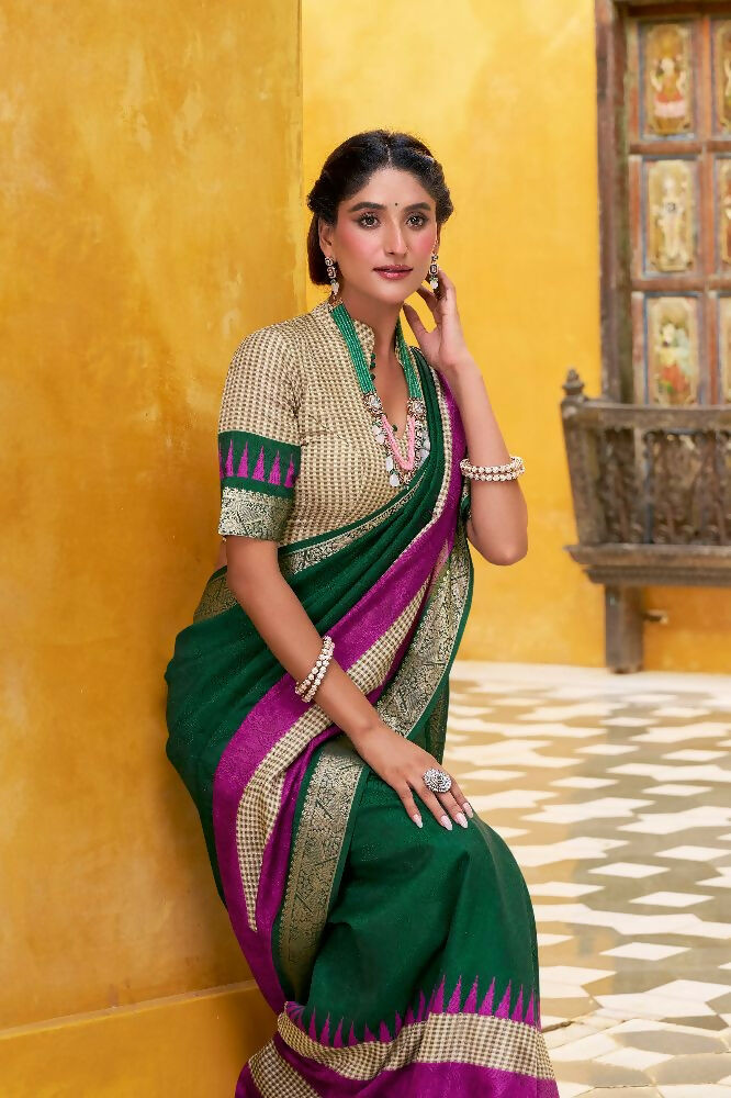 Green Poly Cotton Saree with Zari Weaving and Prints
