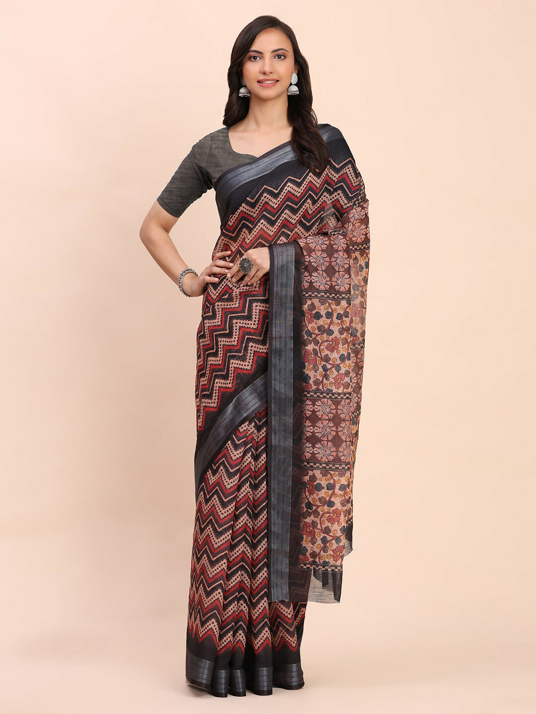 Black Linen Cotton Saree with Matching Blouse Piece
