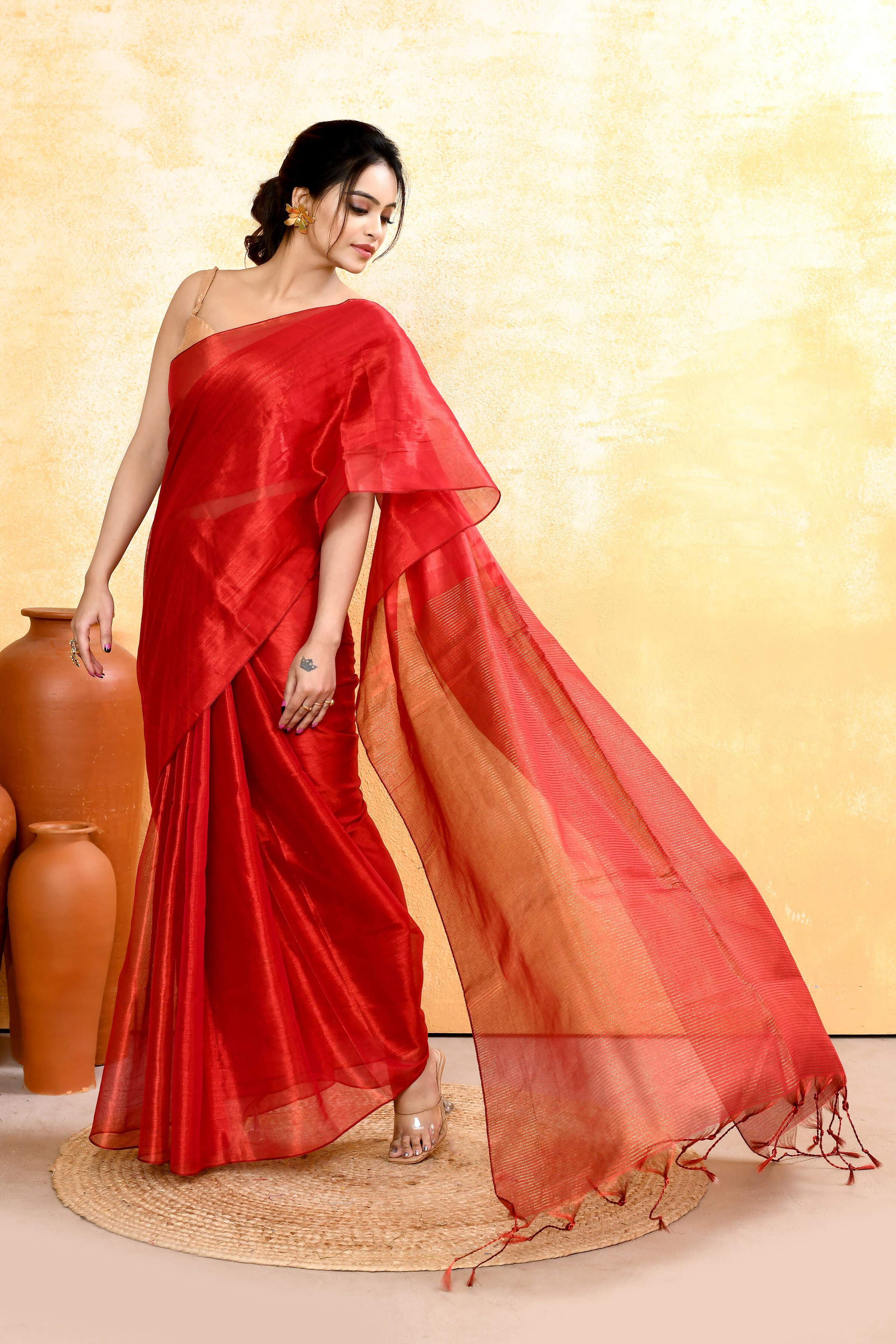Red Dual Tone Organic Tissue Saree with Unstitched Blouse Piece