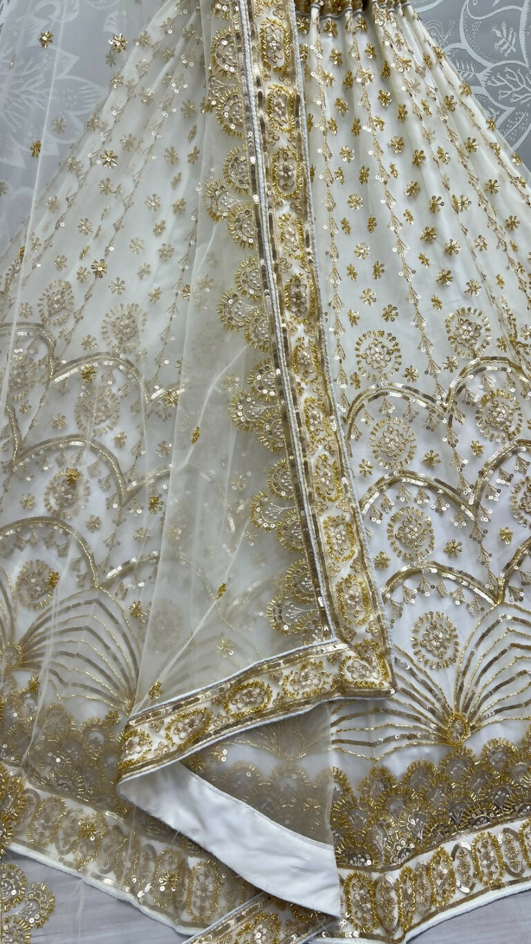 Off White Bridal Net Sequins and Handwork Wedding Lehenga Choli
