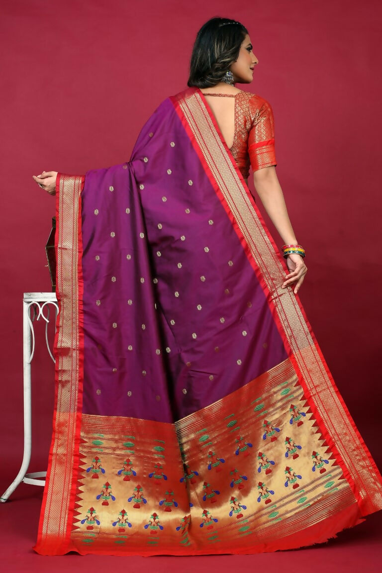 Purple Paithani Silk Saree with Red Blouse and Zari Woven Border