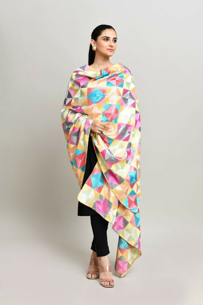 Multi Color Phulkari Dupatta with Cotton Geometric Embroidery