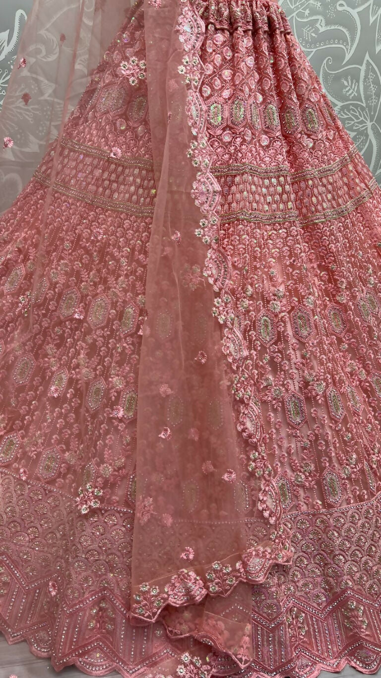 Pink Heavy Net Wedding Lehenga Choli with Rainbow Sequins & Dori