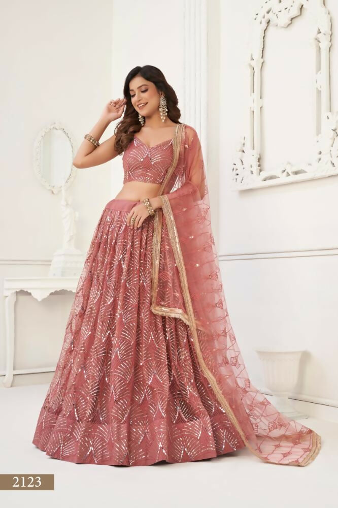 Dusty Onion Pink Butterfly Net Lehenga with Mirror Work Details