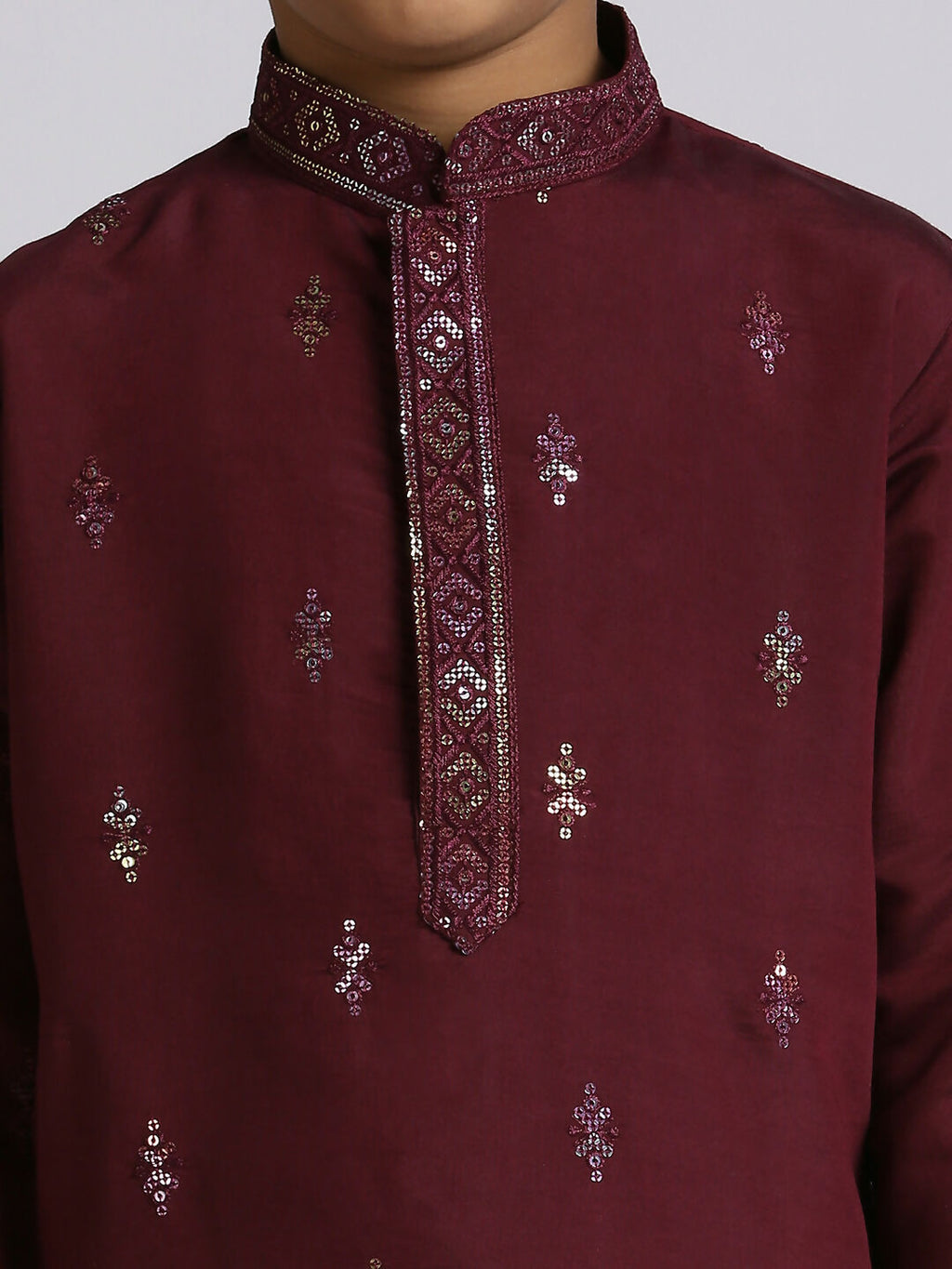 Boys Wine Silk Kurta and Pyjama Set with Sequence Embroidery