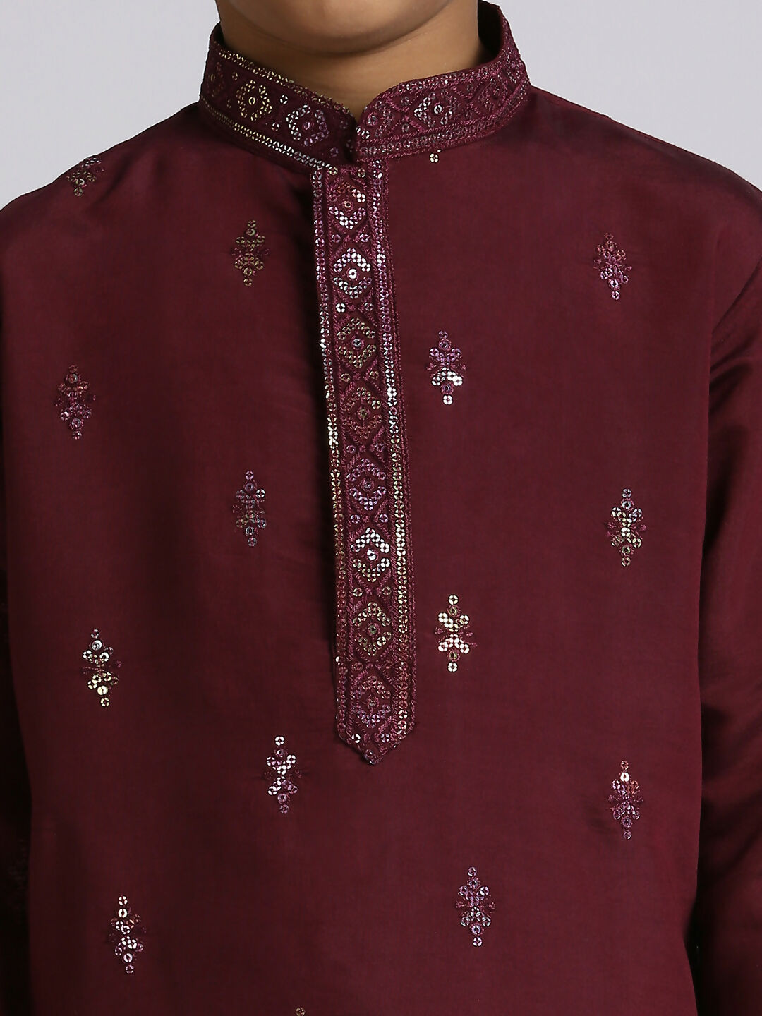 Boys Wine Silk Kurta and Pyjama Set with Sequence Embroidery