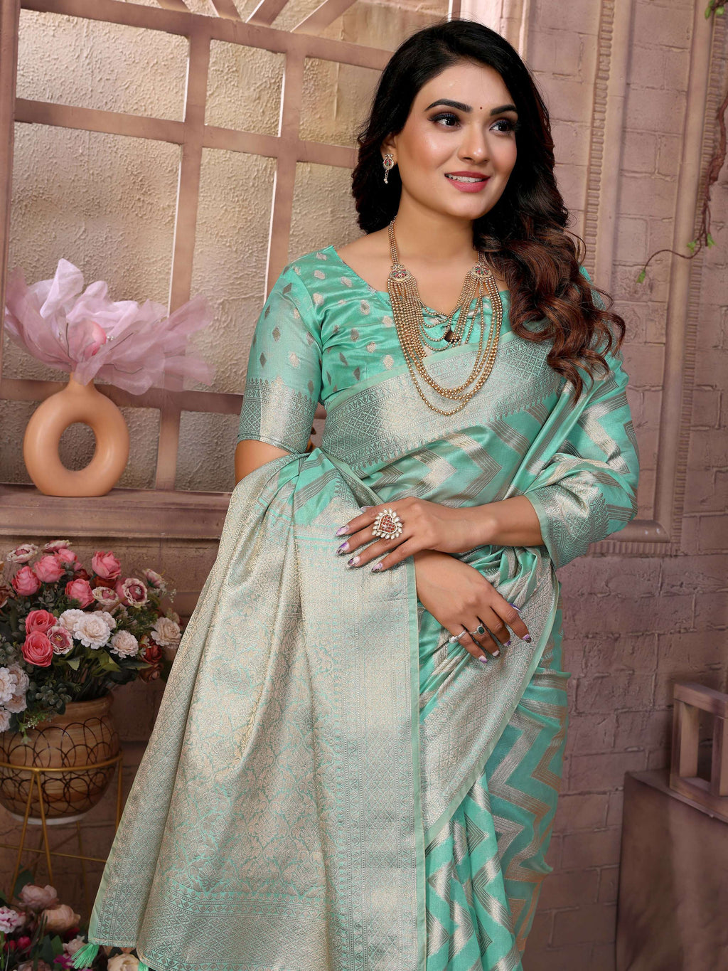 Sea Green Soft Organza Silk Saree with Intricate Weaving
