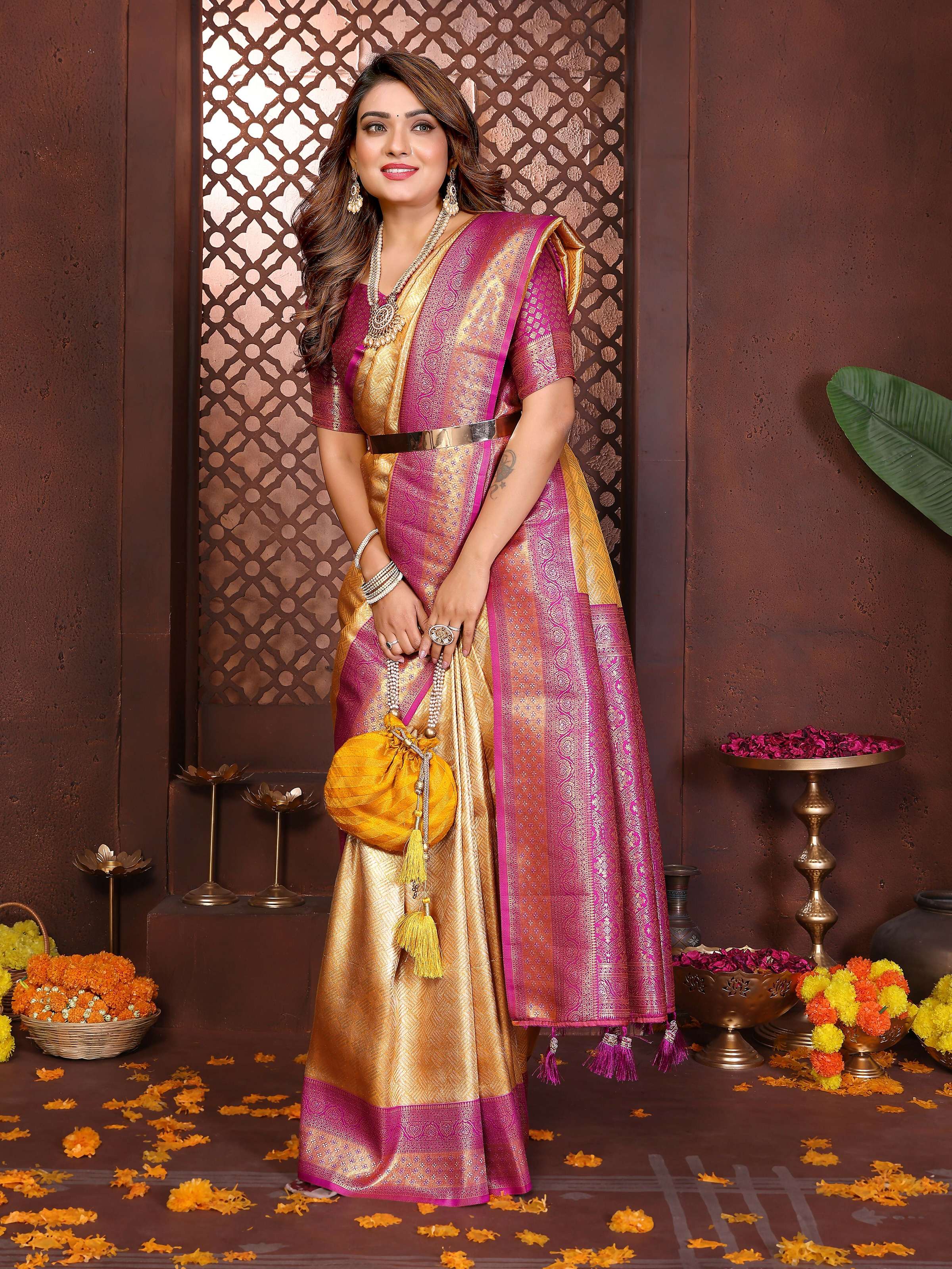 Cream Tissue Silk Woven Saree with Magenta Blouse