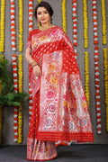 Classic red Banarasi silk saree with ornate zari woven border