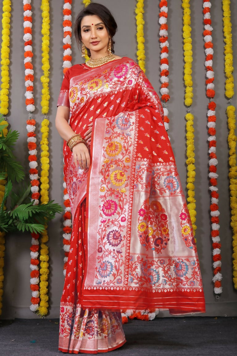 Classic red Banarasi silk saree with ornate zari woven border