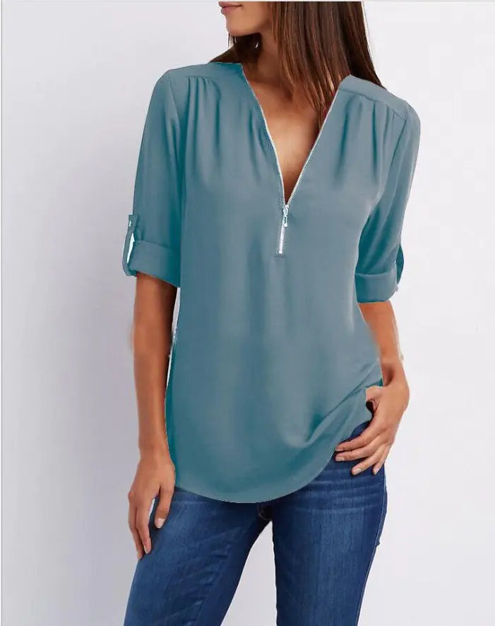 Women's Plus Size V-Neck Zip Chiffon Shirt