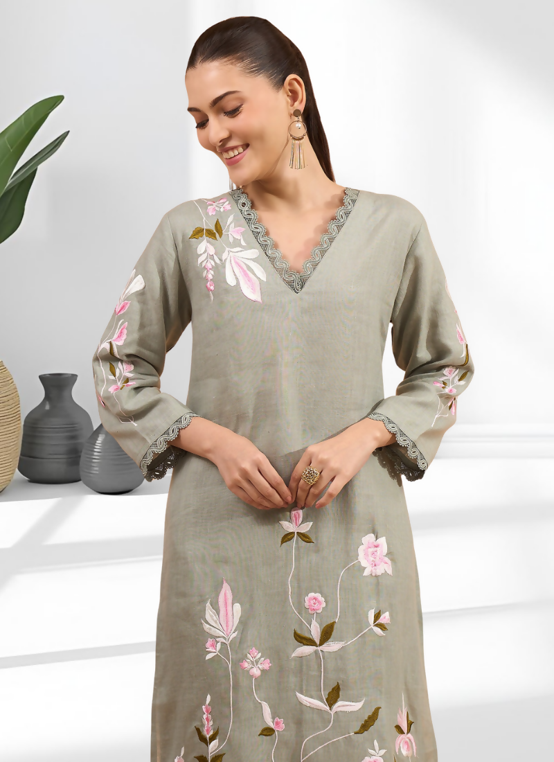Pista Green Embroidered Linen Long Kurta with Matching Pants Set