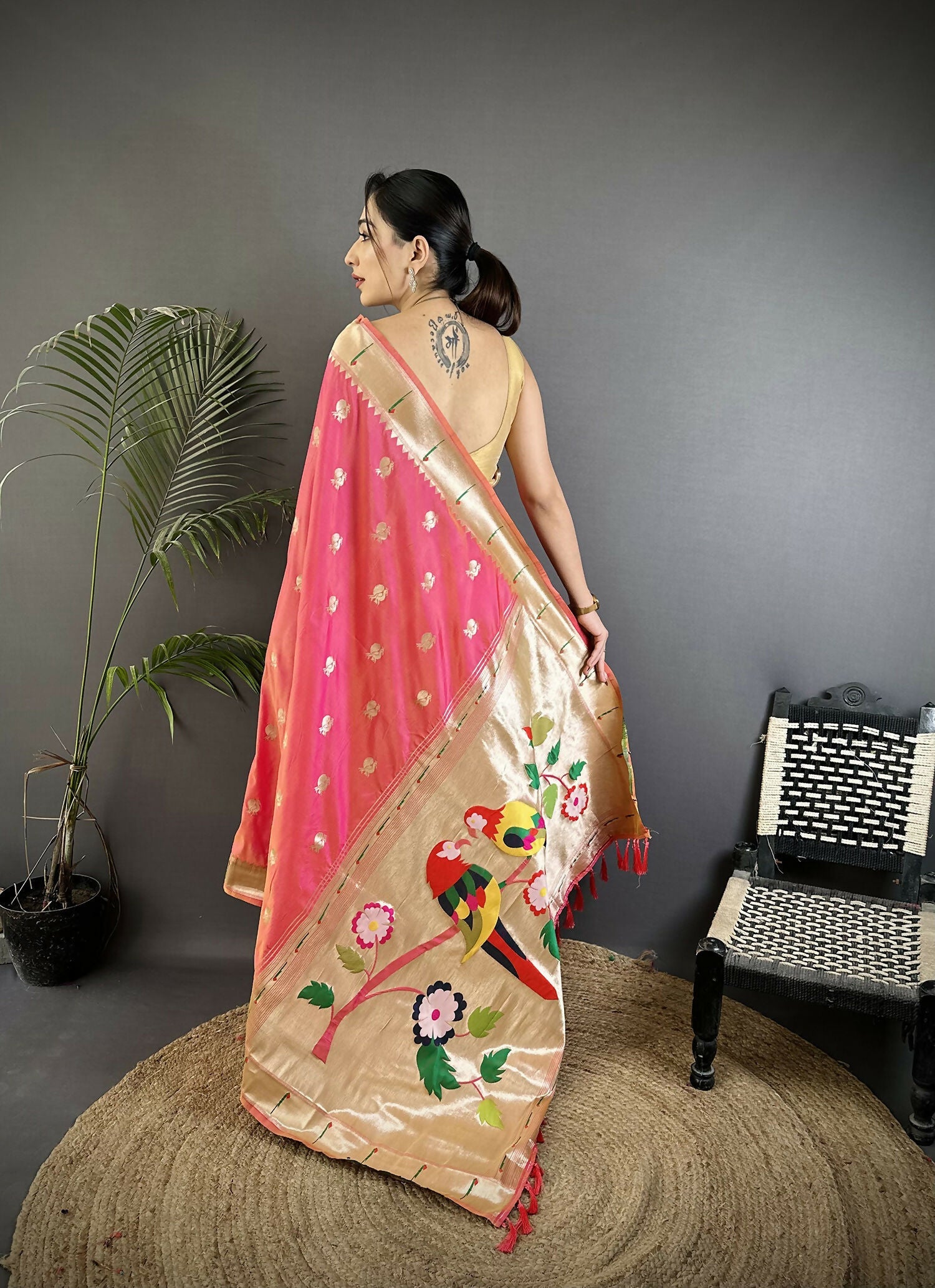 Peach Soft Silk Kanchipuram Saree with Peacock & Floral Motifs