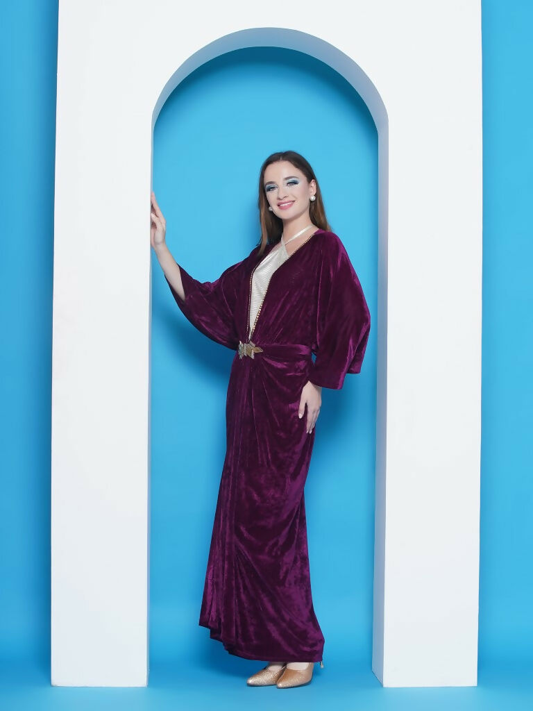 Wine Velvet Gown with Silver Halter Neck Inner - Evening Wear