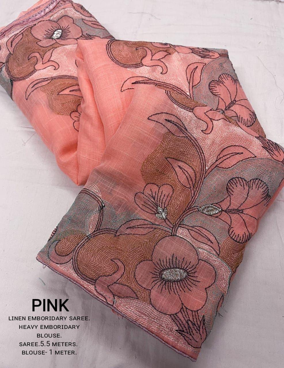Pink Pure Linen Saree with Ethnic Pencil Stitch Embroidery