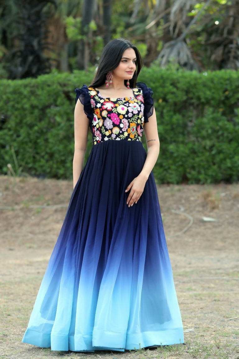 Women's blue floor-length Anarkali dress with floral pattern and sequin embroidery