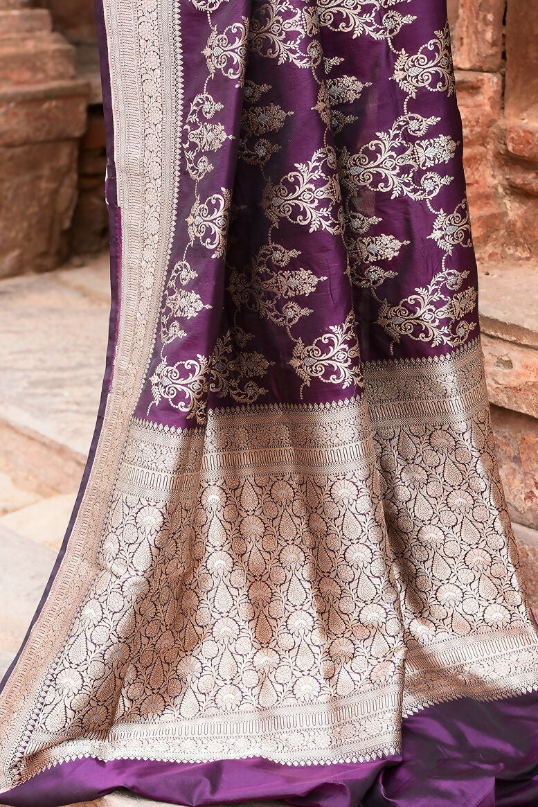 Plum Purple Pure Katan Handloom Banarasi Silk Saree