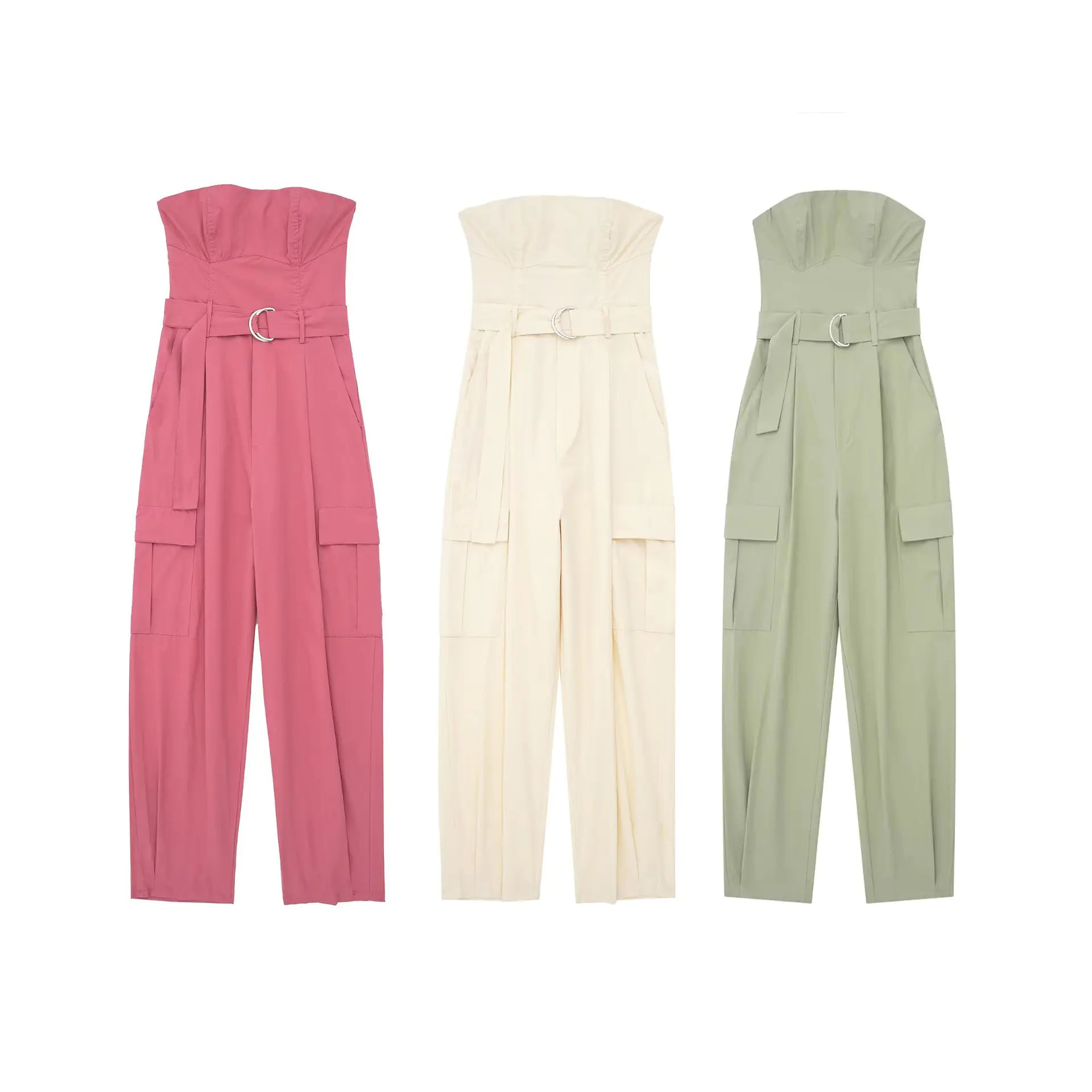 Women's Strapless Cargo Jumpsuit with Belt in Beige or Pink - Image 8