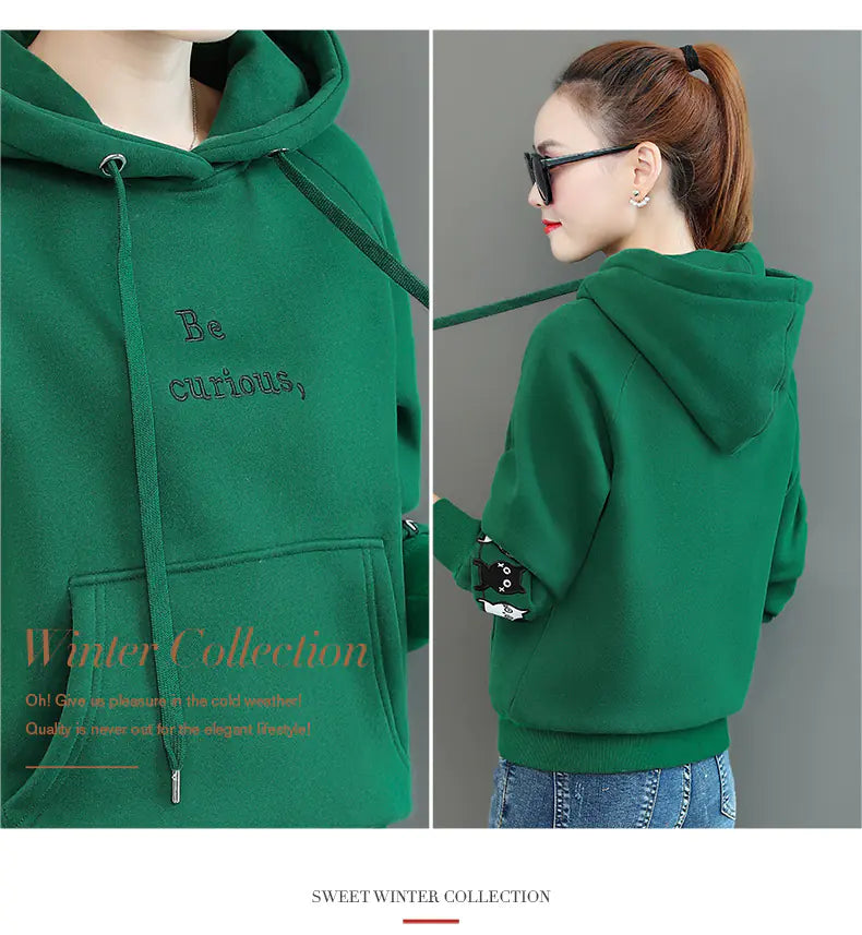 Women's Fleece-Lined Graphic Hoodie with Cat Print Details - Image 7