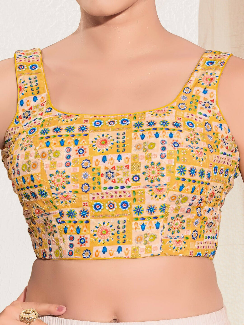 Joban Fashion Yellow Viscose Rayon Padded Blouse With Square Neck Sleeveless
