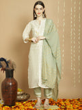 Woman wearing an elegant off white Chanderi silk A-line kurta set with Jardoshi work and a cotton dupatta