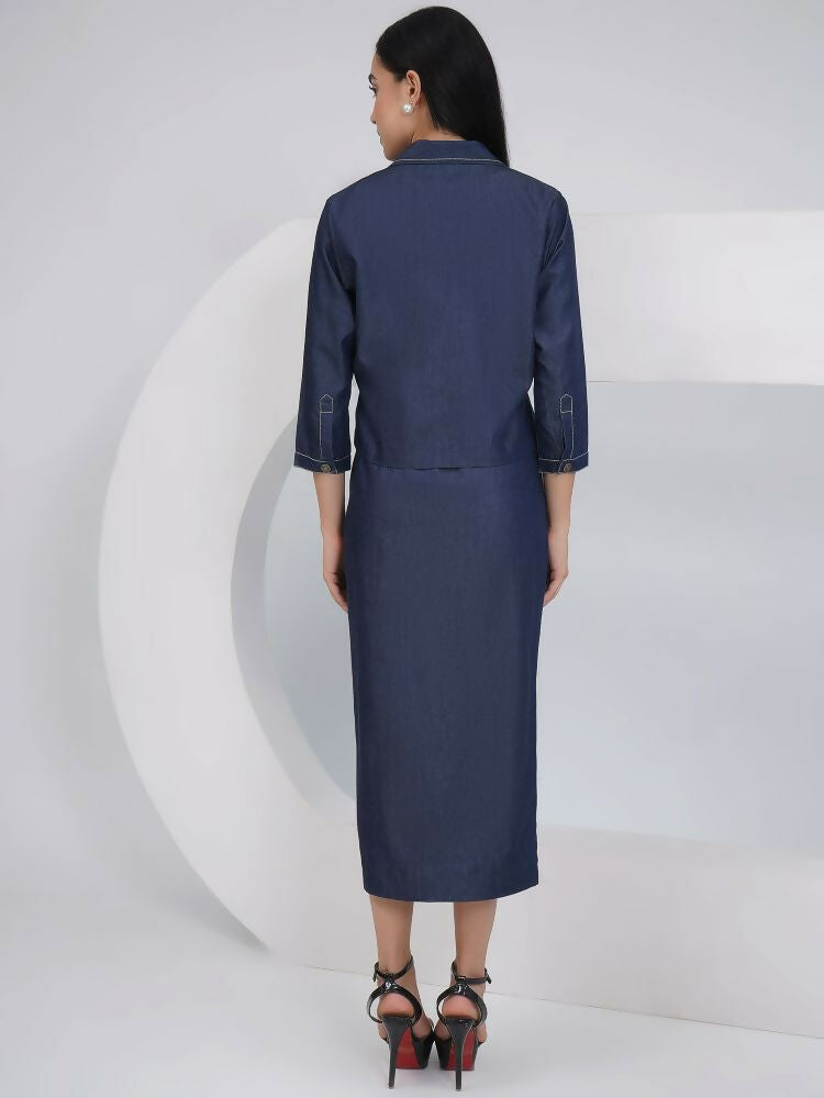 Black Cotton Denim Pencil Skirt Set with Matching Jacket