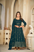 Woman wearing a floor-length Rama Green embroidered Anarkali kurta set with dupatta