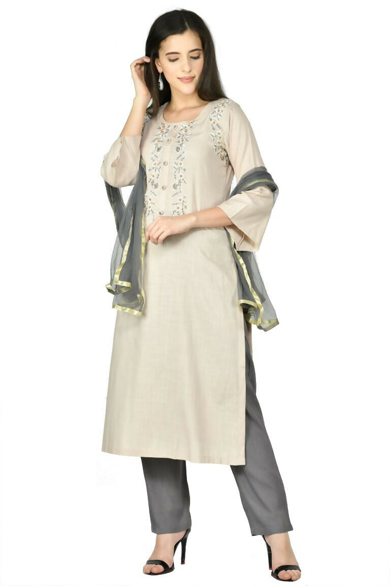 Beige Cotton Rayon Kurta Set – 3-Piece Ethnic Ensemble