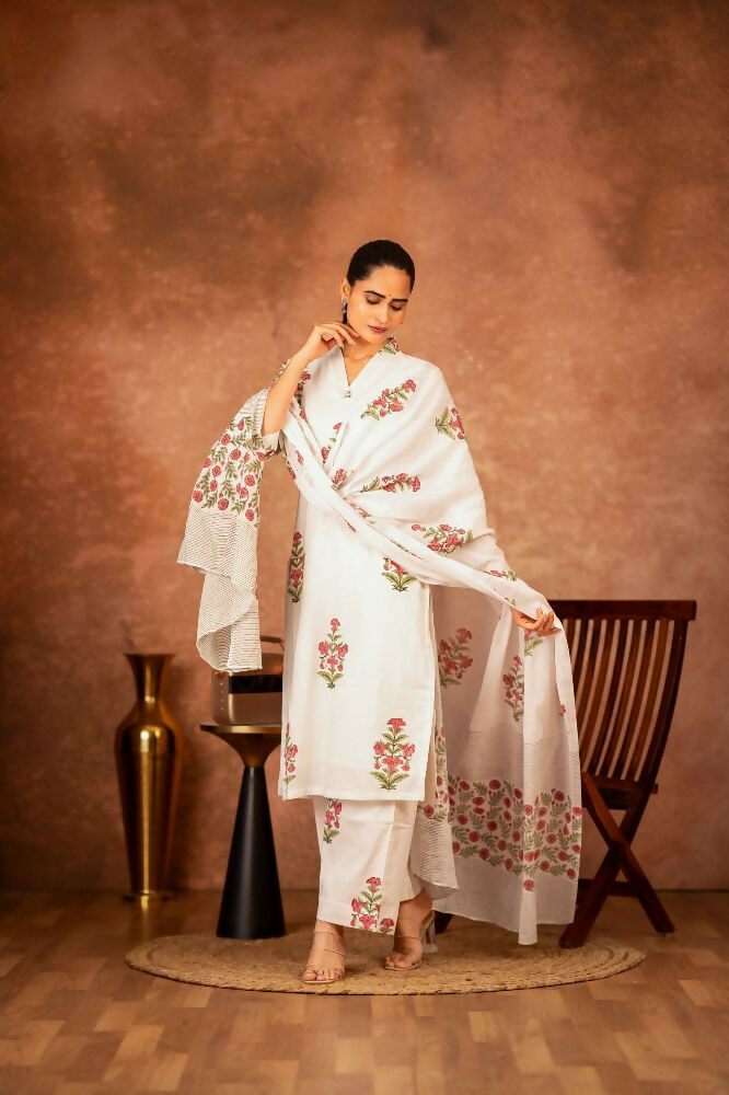 Off White and Pink Hand Block Printed Cotton Suit Set