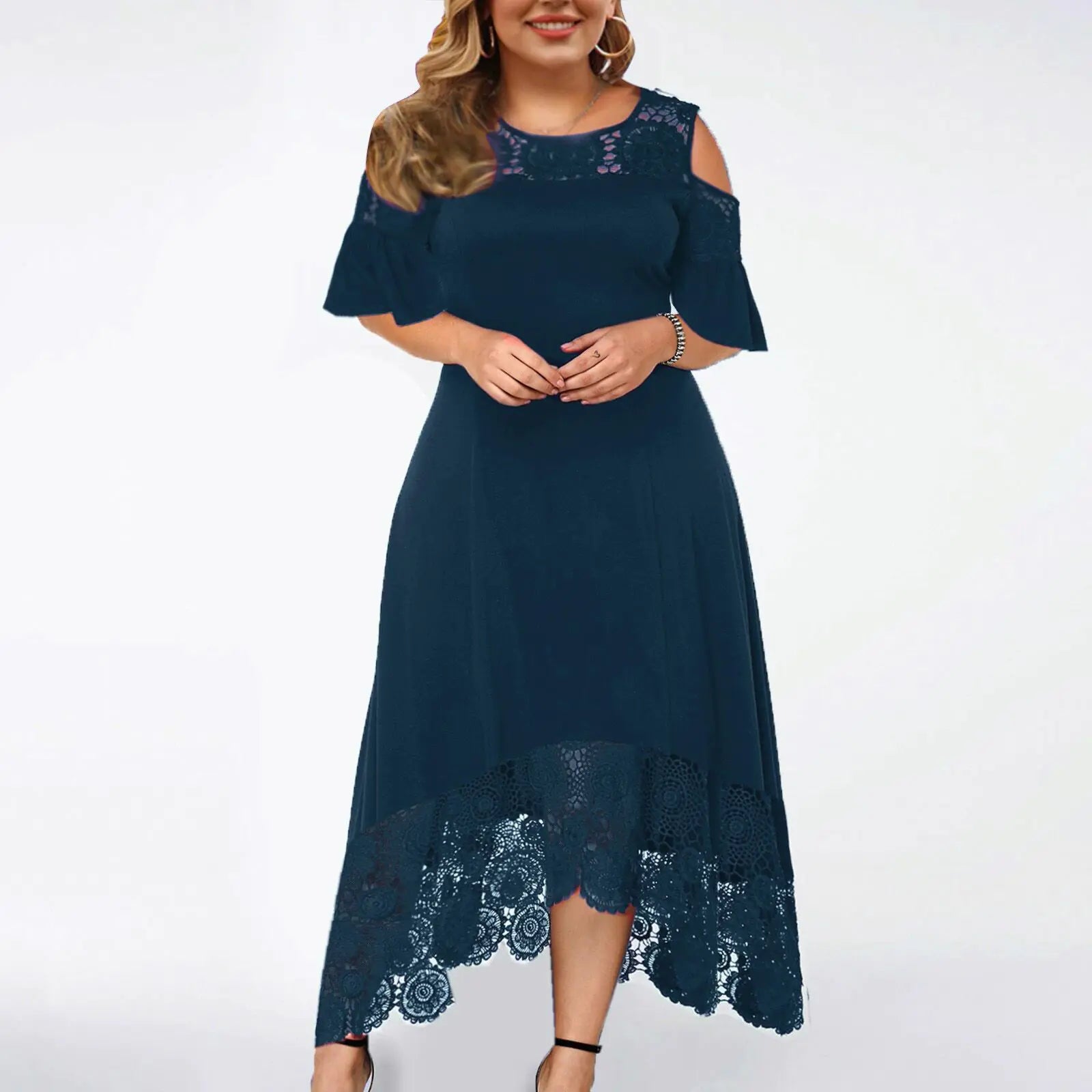 Women's Off-Shoulder Lace Trim Gradient High-Low Dress - Image 23