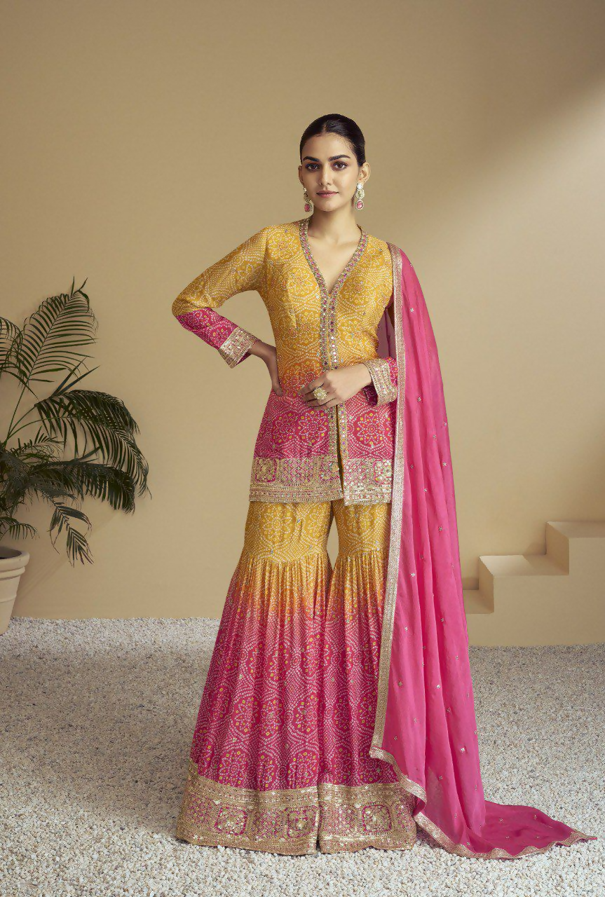 Yellow and Pink Chinon Salwar Kameez with detailed embroidery and sequins