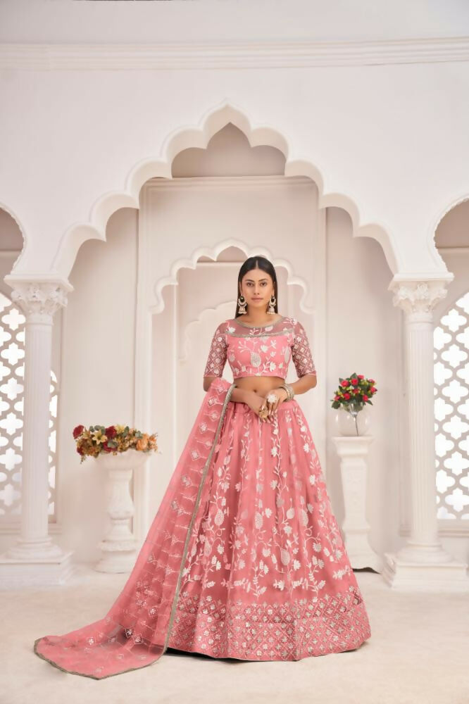 Gajari color Butterfly Net Lehenga featuring Zari and sandwich sequence embroidery