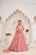 Gajari color Butterfly Net Lehenga featuring Zari and sandwich sequence embroidery
